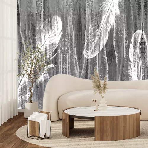 Papier peint  Plumes sur fond texturé gris