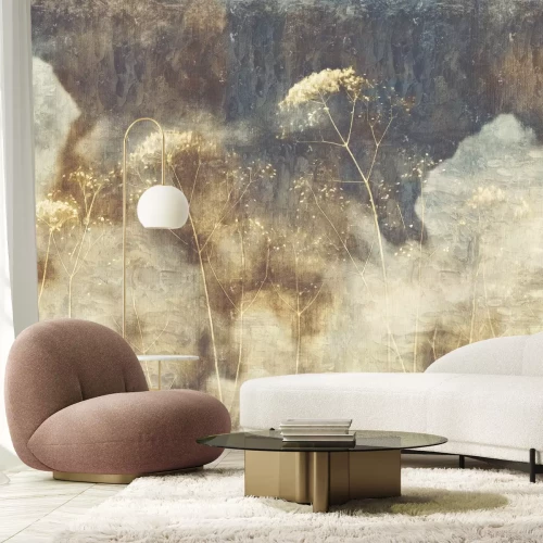 Papier peint  Fleurs sauvages et plantes sauvages sur un fond de style loft en béton