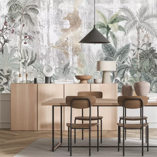 Papier peint  Arbres et oiseaux de la jungle tropicale sur fond de béton