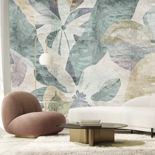 Papier peint  Feuilles et fleurs de style abstrait sur un fond texturé