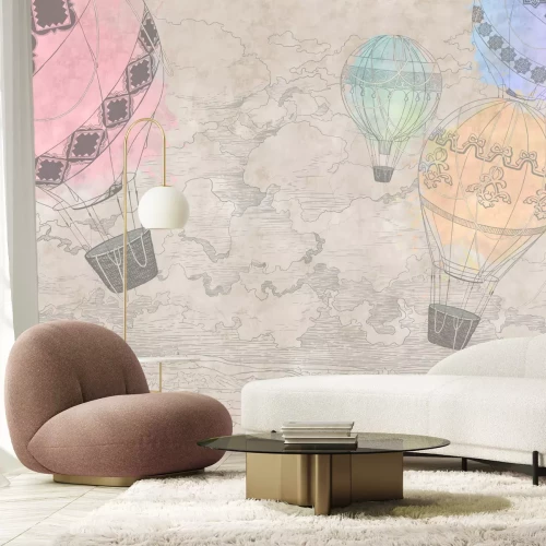 Papier peint  Ballons colorés sur fond de paysage beige