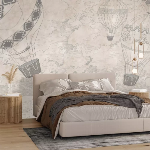 Papier peint  Ballons sur fond de paysage beige