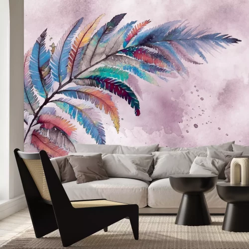 Papier peint  Plume colorée sur fond aquarelle