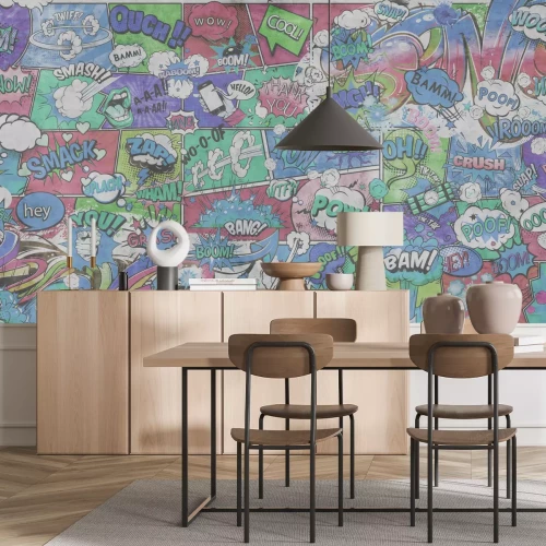 Papier peint  Motif de fond de bande dessinée avec des bulles de dialogue et des inscriptions dans un style jeune