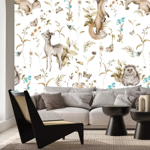 Papier peint  Animaux et plantes de la forêt à l'aquarelle sur fond blanc