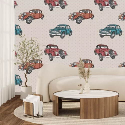 Papier peint  Voitures rétro sur fond à pois
