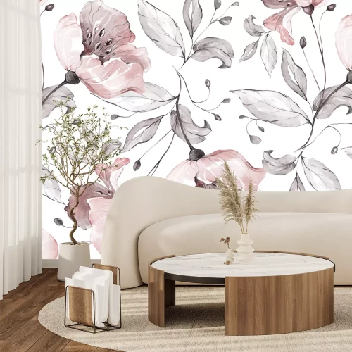 Papier peint  Fleurs roses et feuilles grises dans un style aquarelle
