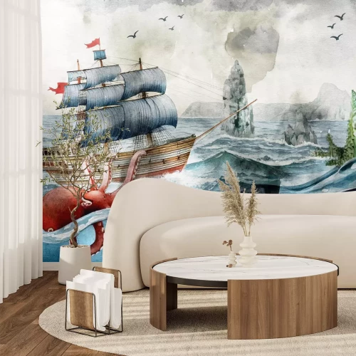 Papier peint  Modèle de pieuvre et de bateau en mer pour les enfants