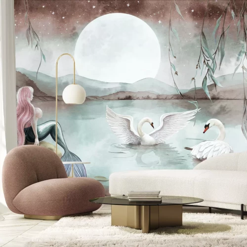 Papier peint  Sirène et cygnes sous la pleine lune