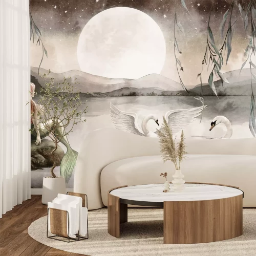 Papier peint  Modèle pour enfant de sirène et de cygnes à la pleine lune