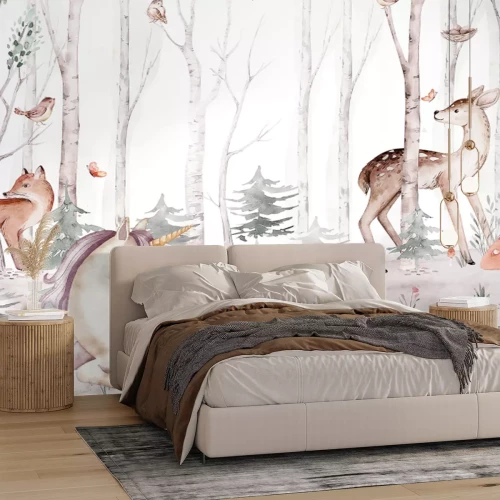 Papier peint  Licorne et animaux parmi les arbres dans une forêt aquarelle