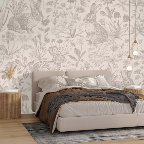 Papier peint  Motif animalier et végétal monochrome vintage