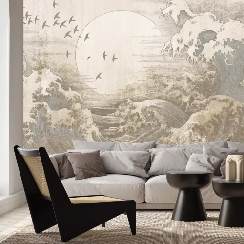 Papier peint  Une grosse vague avec la lune en arrière-plan