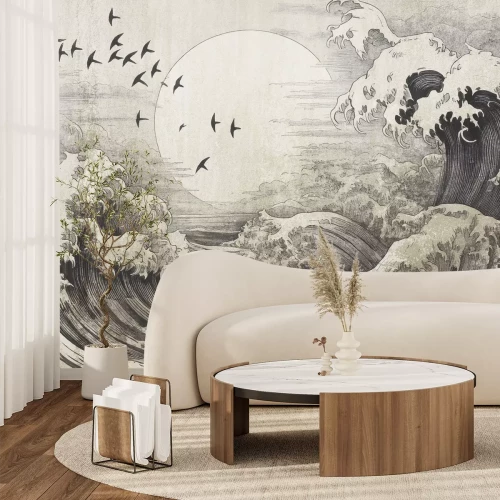 Papier peint  Paysage avec une grosse vague et une pleine lune