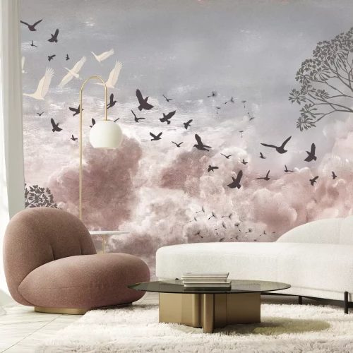 Papier peint  Oiseaux et graines de pissenlit contre un ciel nuageux