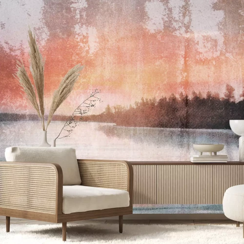 Papier peint  Paysage d'un bateau sur un lac avec un effet de texture béton