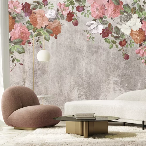 Papier peint  Fleurs colorées suspendues au-dessus d'un fond en béton