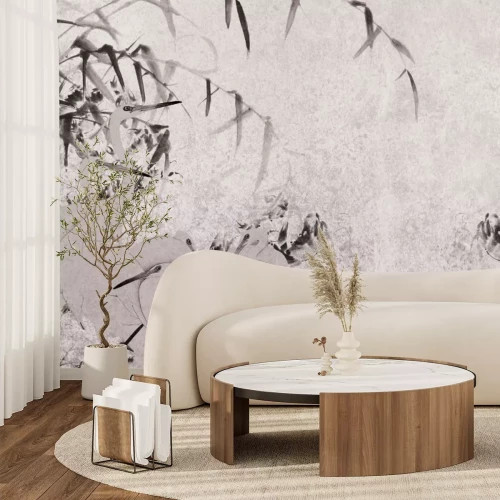 Papier peint  Hérons et branches de bambou sur un fond texturé