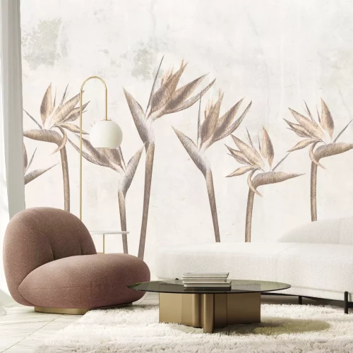 Papier peint  Fleurs de Strelitzia oiseau de paradis sur fond texturé