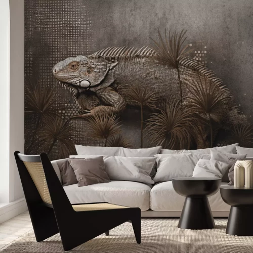 Papier peint  Un caméléon parmi les feuilles tropicales dans un style loft
