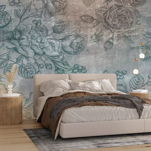 Papier peint  Fleurs roses sur des branches de style vintage