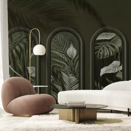 Papier peint  Feuilles vertes tropicales dans des arches 3D