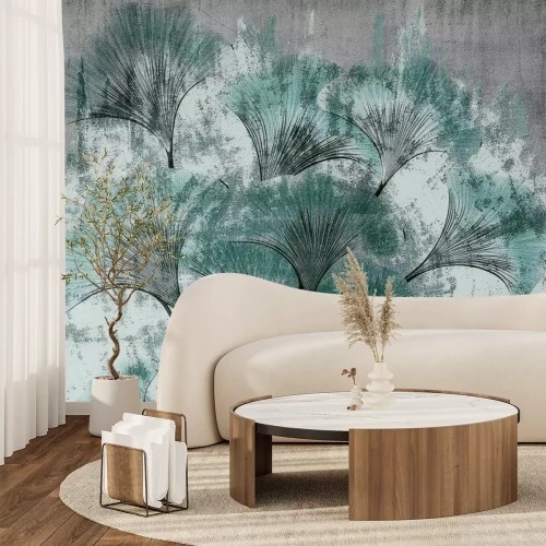 Papier peint  Feuilles de ginkgo sur fond de béton