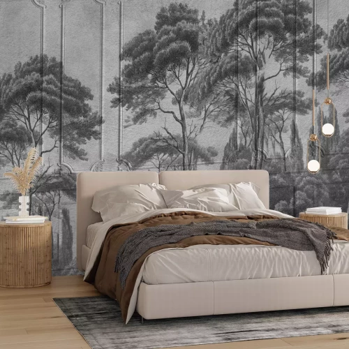 Papier peint  Paysage noir et blanc d'une forêt sur fond de stuc