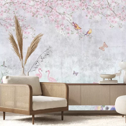 Papier peint  Flamants roses et animaux de la forêt parmi des fleurs colorées