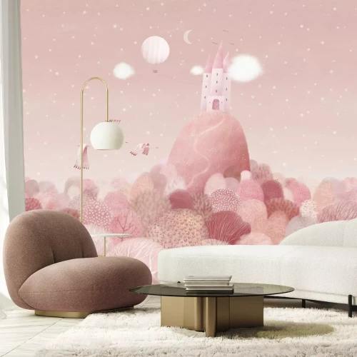 Papier peint  Château sur une colline, paysage de conte de fées rose