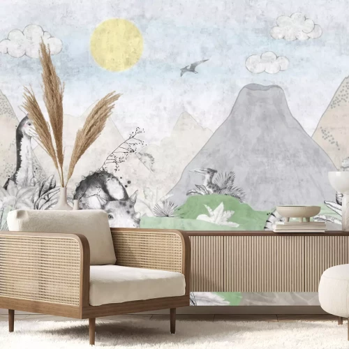 Papier peint  Dinosaures et paysage tropical avec volcans