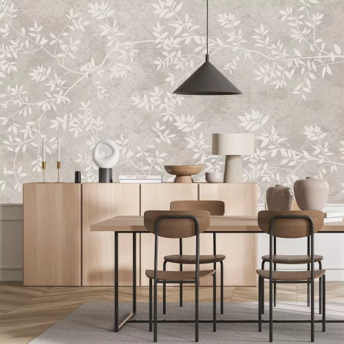 Papier peint  Branches d'arbre blanches avec des feuilles sur fond beige