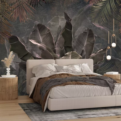 Papier peint  Bananiers et feuilles de palmier 3D sur fond de béton foncé