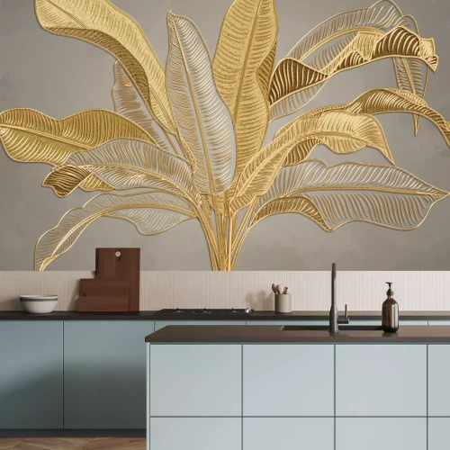 Papier peint  Feuilles de bananier dorées tropicales 3D