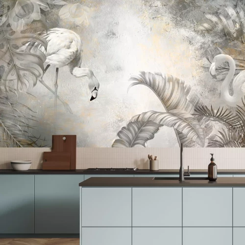Papier peint  Flamants roses et feuilles tropicales grises sur un fond texturé