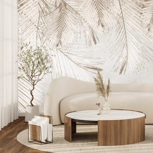 Papier peint  Feuilles de palmier aux couleurs blanches et beiges sur fond de béton