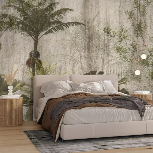Papier peint  Palmiers sur un fond effet béton structuré
