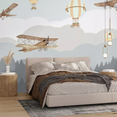Papier peint  Paysage de conte de fées avec ballons et avions pour enfants