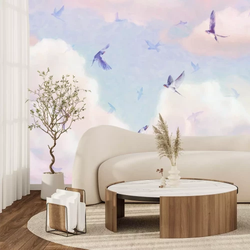 Papier peint  Oiseaux sur un ciel pastel avec des nuages