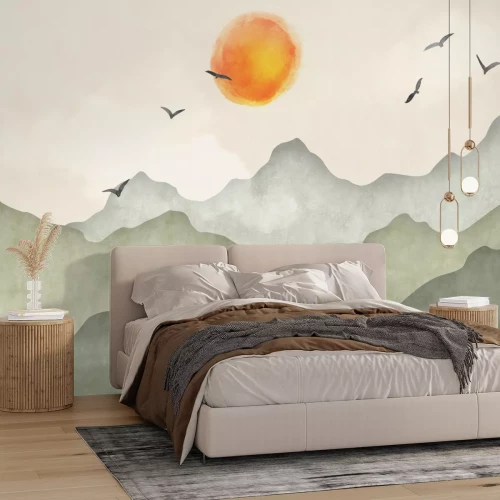 Papier peint  Lever de soleil et oiseaux sur fond de paysage aquarelle