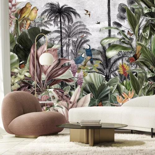 Papier peint  Plantes tropicales colorées et oiseaux dans la jungle