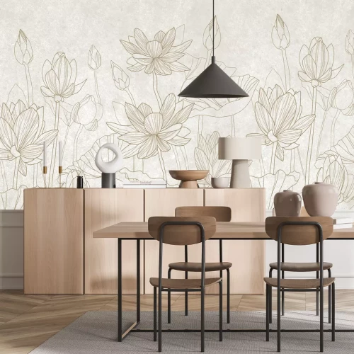 Papier peint  Feuilles et nénuphars sur fond beige