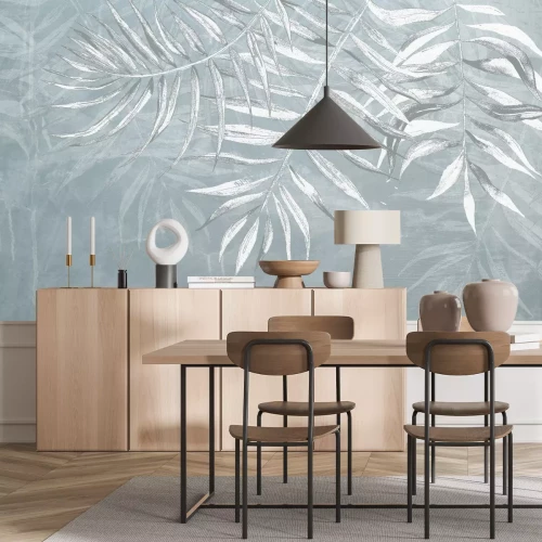 Papier peint  Motif botanique de feuilles de palmier blanches et grises