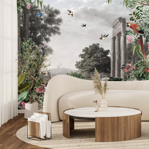 Papier peint  Plantes tropicales et oiseaux sur fond d'architecture