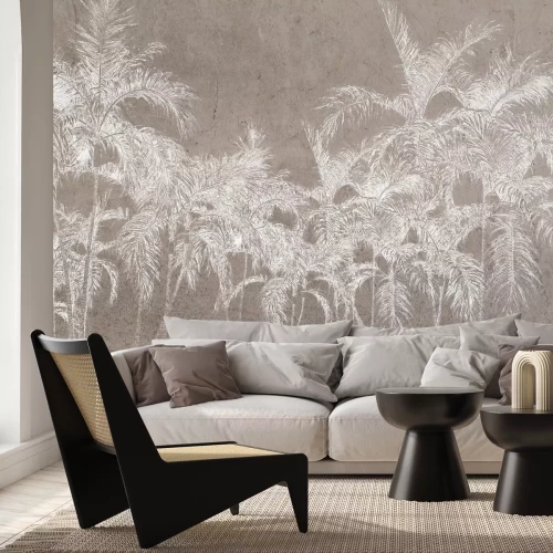 Papier peint  Palmiers blancs sur fond texturé beige