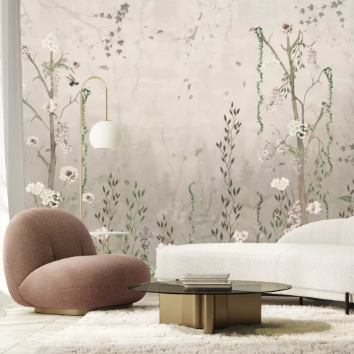 Papier peint  Plantes vertes et fleurs de style vintage