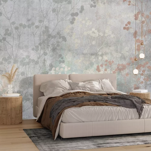 Papier peint  Brindilles avec des feuilles sur du béton gris