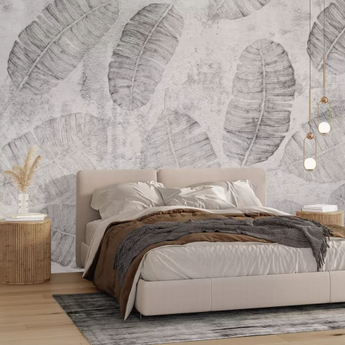 Papier peint  Motif monochrome avec des feuilles sur fond gris
