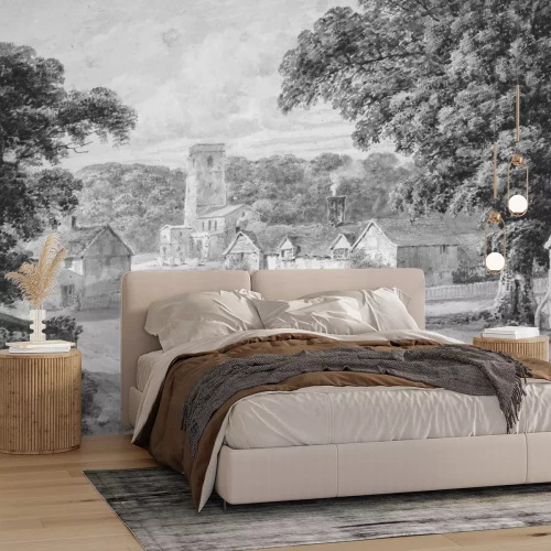 Papier peint  Paysage rural en noir et blanc avec une colonie