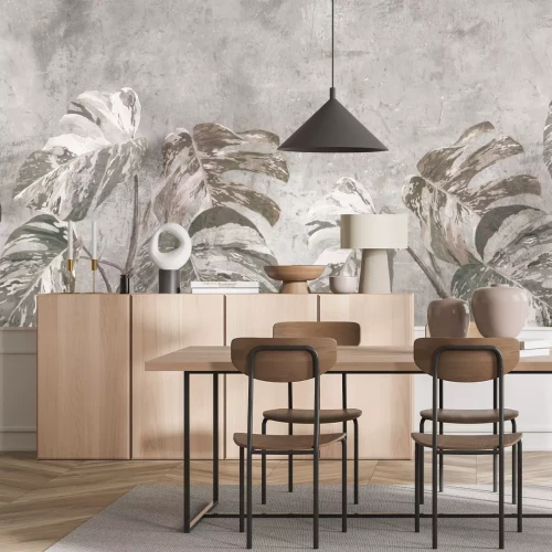 Papier peint  Grandes feuilles de monstera sur béton, motif botanique